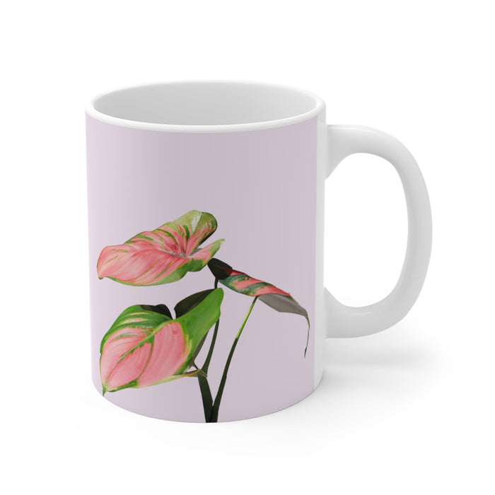 Pink Princess Philodendron Cup: white, pale pink pink and green leafy plant illustration, botanical illustration style