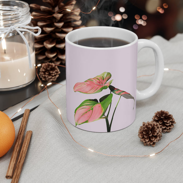 Pink Princess Philodendron Cup: white, pale pink pink and green leafy plant illustration, botanical illustration style