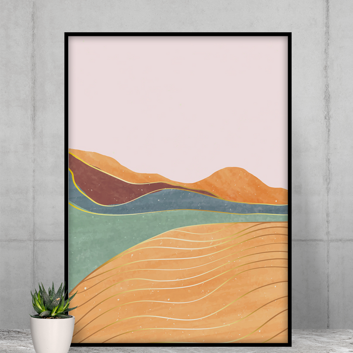 Pink Room Decor Inspired by the Toscana Landscape: pale pink, orange abstract layered landscape with hills and wavy lines, mi