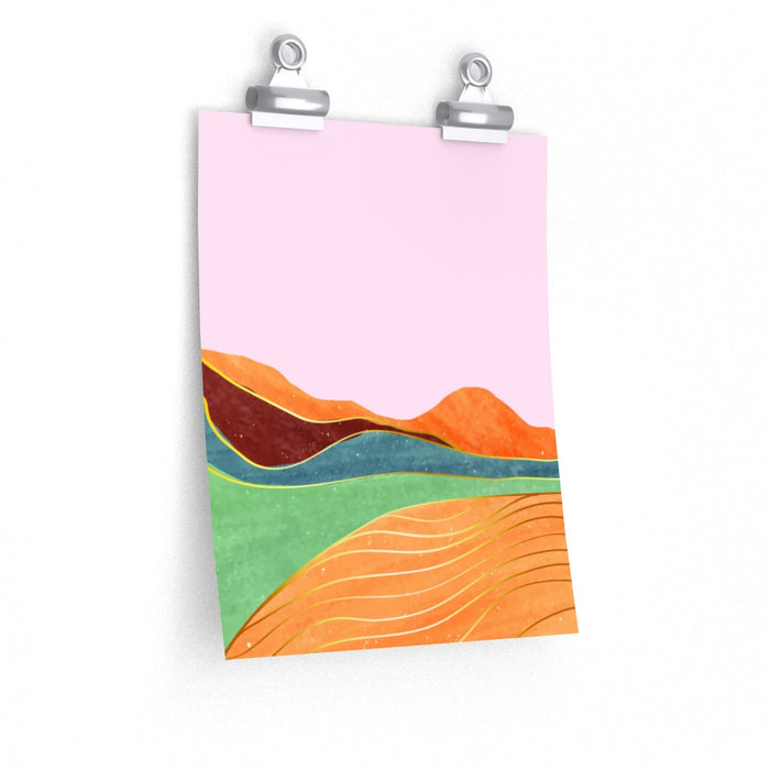 Pink Room Decor Inspired by the Toscana Landscape: pale pink, orange abstract layered landscape with hills and wavy lines, mi