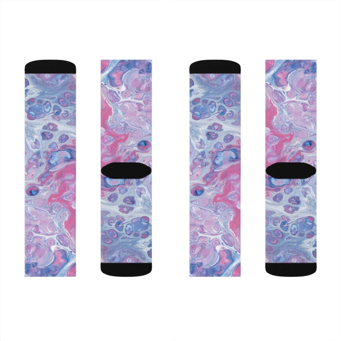 Pink Tie Dye Fun Socks for a Novel Experience: purple, pink abstract face/eye pattern, artistic graphic style