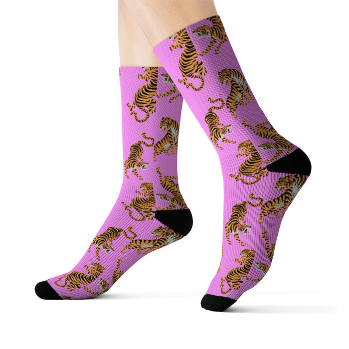 Pink Tiger Fun Novelty Socks: pink, yellow tiger, cartoon style
