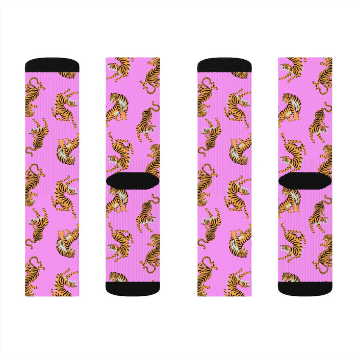 Pink Tiger Fun Novelty Socks: pink, yellow tiger, cartoon style