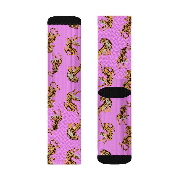 Pink Tiger Fun Novelty Socks: pink, yellow tiger, cartoon style
