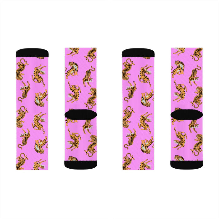Pink Tiger Fun Novelty Socks: pink, yellow tiger, cartoon style