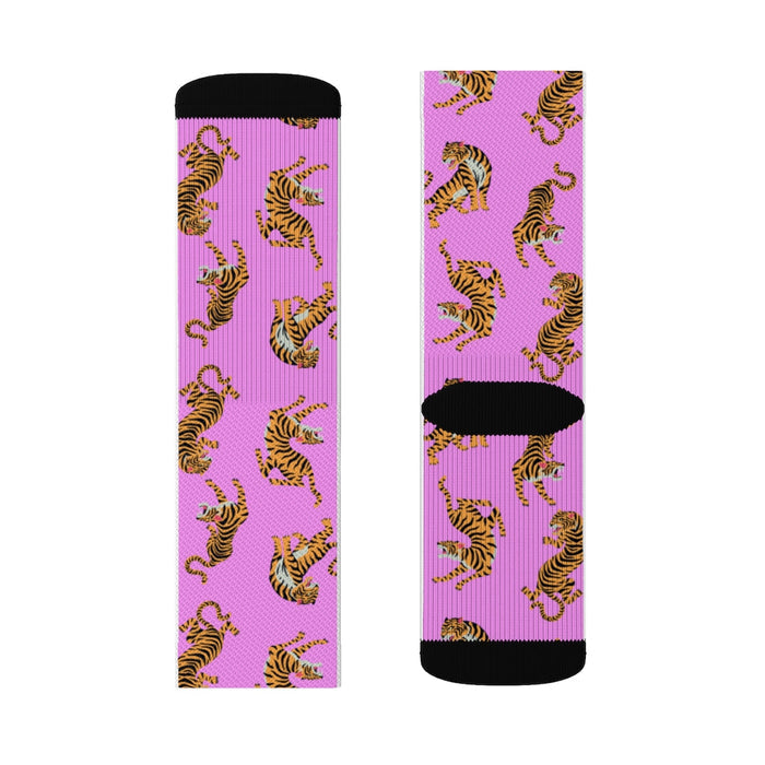 Pink Tiger Fun Novelty Socks: pink, yellow tiger, cartoon style