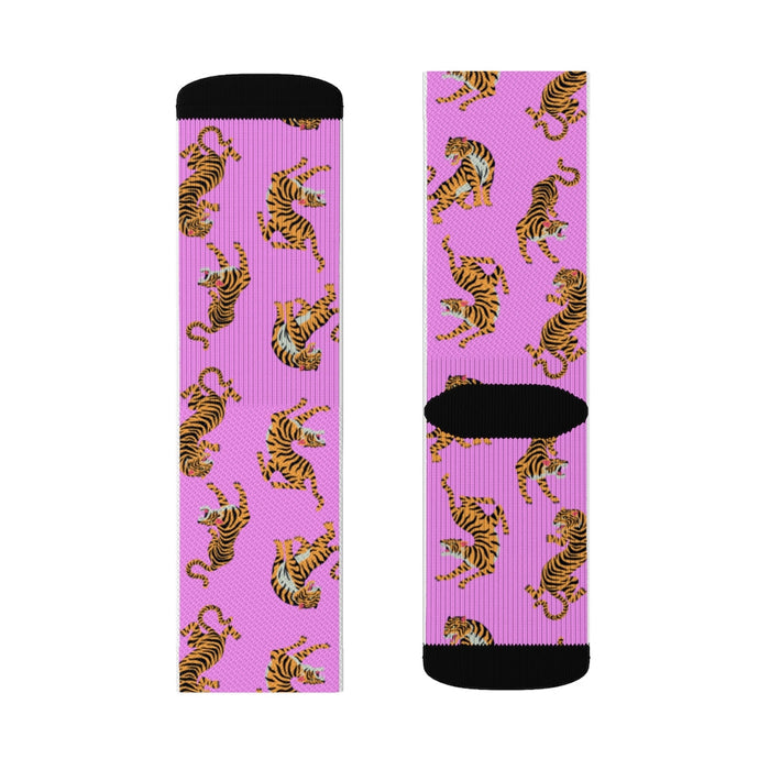 Pink Tiger Fun Novelty Socks: pink, yellow tiger, cartoon style