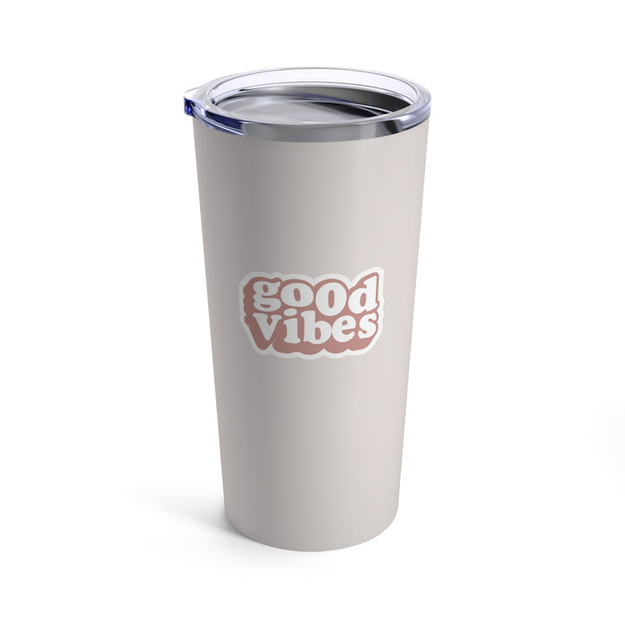 Pink Tumbler 20oz for Positive Energy: light beige, silver tumbler cup with lid, retro cartoon typography style
