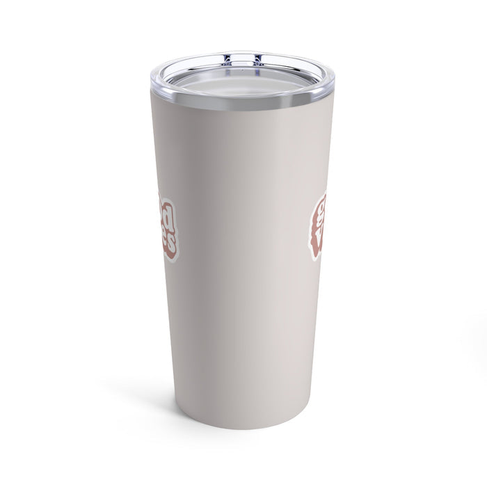 Pink Tumbler 20oz for Positive Energy: light beige, silver tumbler cup with lid, retro cartoon typography style