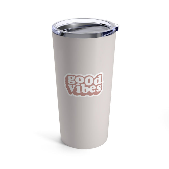 Pink Tumbler 20oz for Positive Energy: light beige, silver tumbler cup with lid, retro cartoon typography style