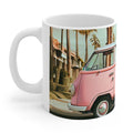 Pink Vintage Van Mug for Coffee and Tea: white, pink pink vintage van with palm trees, retro cartoon illustration style