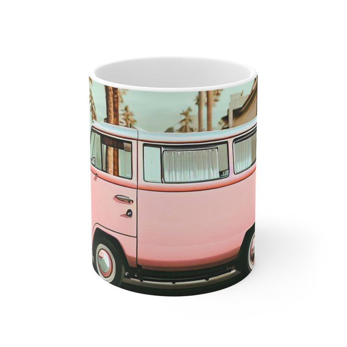 Pink Vintage Van Mug for Coffee and Tea: white, pink pink vintage van with palm trees, retro cartoon illustration style