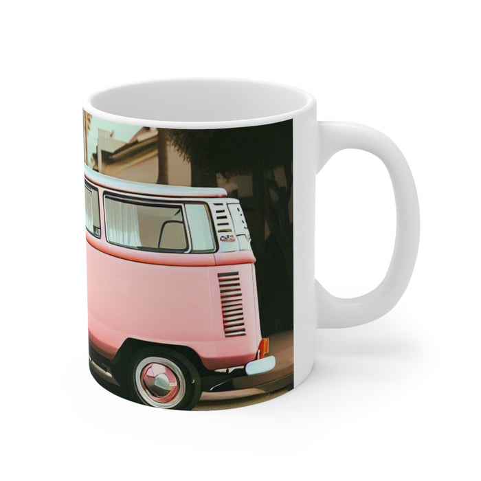 Pink Vintage Van Mug for Coffee and Tea: white, pink pink vintage van with palm trees, retro cartoon illustration style