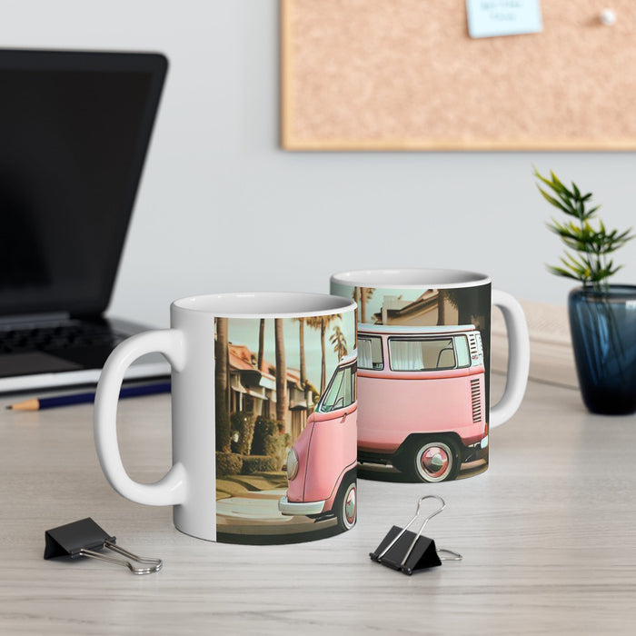 Pink Vintage Van Mug for Coffee and Tea: white, pink pink vintage van with palm trees, retro cartoon illustration style
