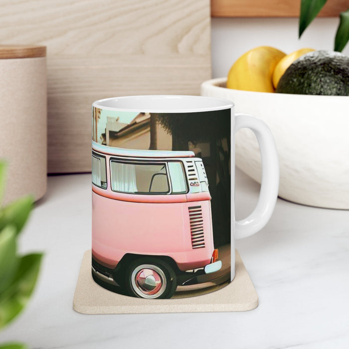 Pink Vintage Van Mug for Coffee and Tea: white, pink pink vintage van with palm trees, retro cartoon illustration style