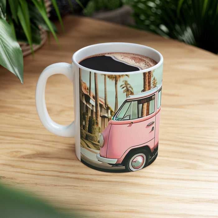 Pink Vintage Van Mug for Coffee and Tea: white, pink pink vintage van with palm trees, retro cartoon illustration style