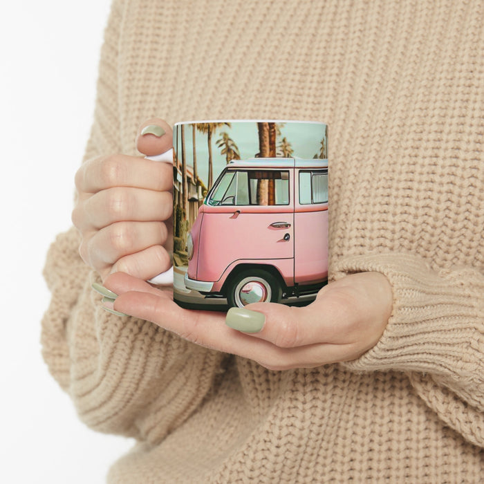 Pink Vintage Van Mug for Coffee and Tea: white, pink pink vintage van with palm trees, retro cartoon illustration style