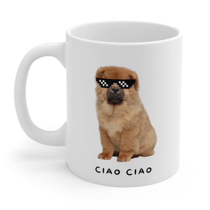 Pixel Shades Chow Chow Mug: white, tan puppy/dog, cartoon meme-like style