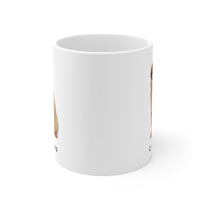 Pixel Shades Chow Chow Mug: white, tan puppy/dog, cartoon meme-like style