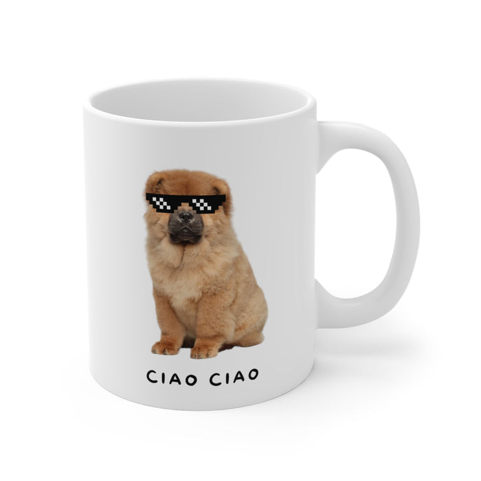 Pixel Shades Chow Chow Mug: white, tan puppy/dog, cartoon meme-like style