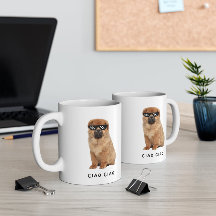 Pixel Shades Chow Chow Mug: white, tan puppy/dog, cartoon meme-like style