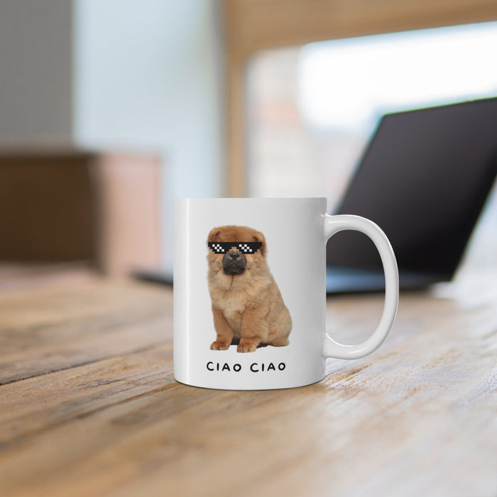Pixel Shades Chow Chow Mug: white, tan puppy/dog, cartoon meme-like style