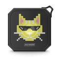Pixelated Feline Ninja Bluetooth Speaker with Shades and Water-resistant Design: black, dark gray cartoon cat, cartoon pixel
