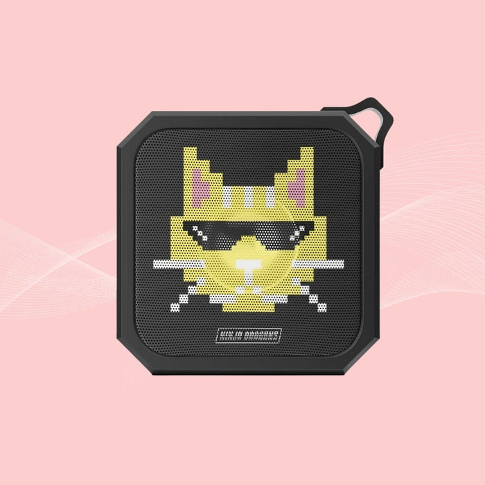 Pixelated Feline Ninja Bluetooth Speaker with Shades and Water-resistant Design: black, dark gray cartoon cat, cartoon pixel