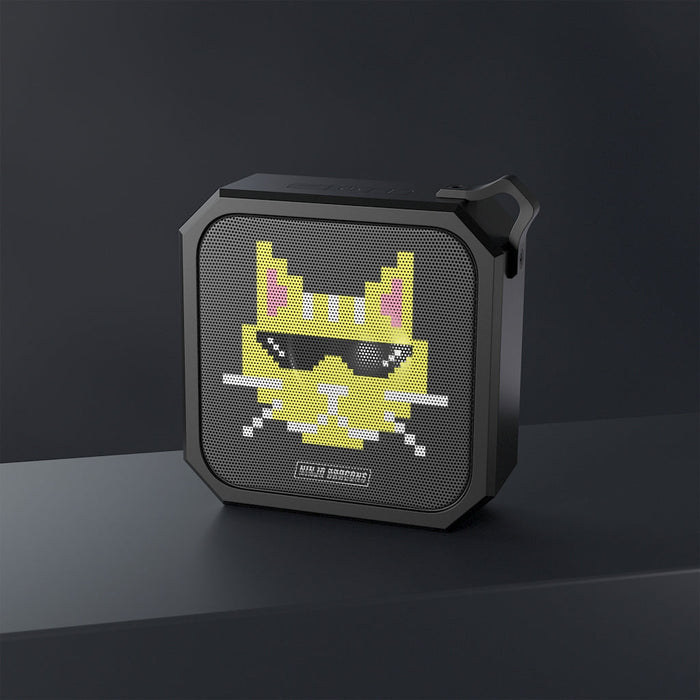 Pixelated Feline Ninja Bluetooth Speaker with Shades and Water-resistant Design: black, dark gray cartoon cat, cartoon pixel