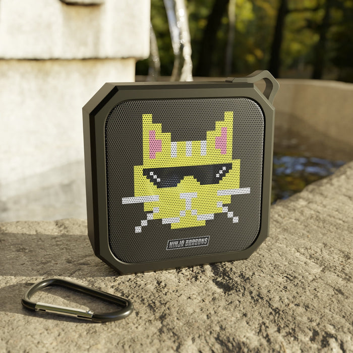 Pixelated Feline Ninja Bluetooth Speaker with Shades and Water-resistant Design: black, dark gray cartoon cat, cartoon pixel