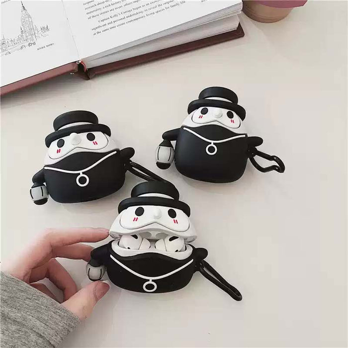 Plague Doctor AirPods Case: Perfect Protection, Compact: black, white penguin-like character, cute cartoon/kawaii style