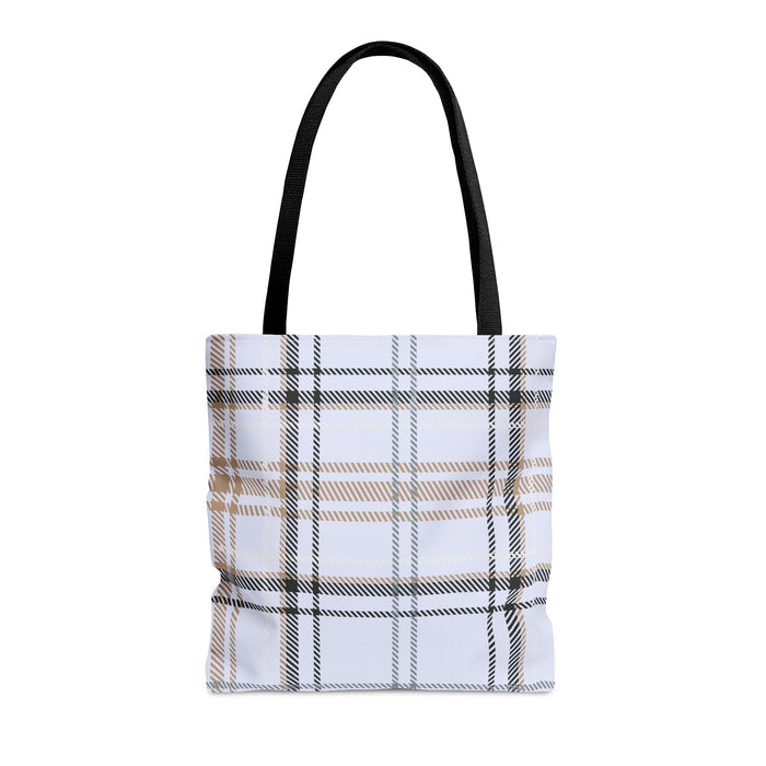 Plaid Blue Handbag: white, black tote bag, minimal style