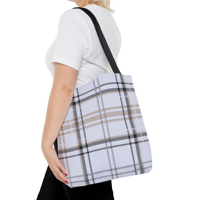 Plaid Blue Handbag: white, black tote bag, minimal style
