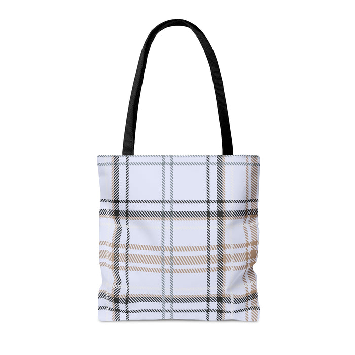 Plaid Blue Handbag: white, black tote bag, minimal style