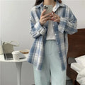 Plaid Long Sleeve Shirt for Women: light blue, blue-gray plaid button-up overshirt, casual style