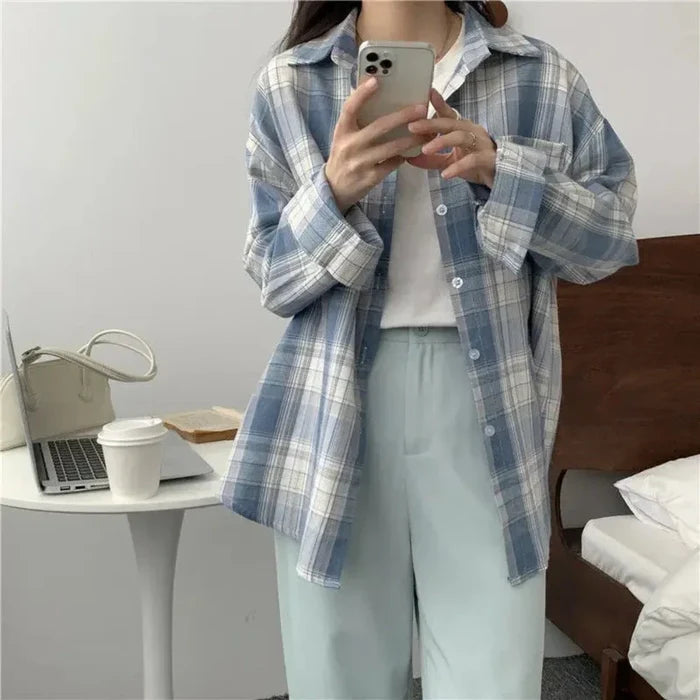 Plaid Long Sleeve Shirt for Women: light blue, blue-gray plaid button-up overshirt, casual style