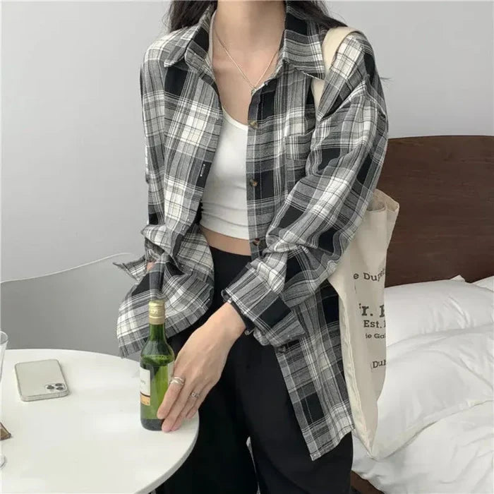 Plaid Long Sleeve Shirt for Women: light blue, blue-gray plaid button-up overshirt, casual style