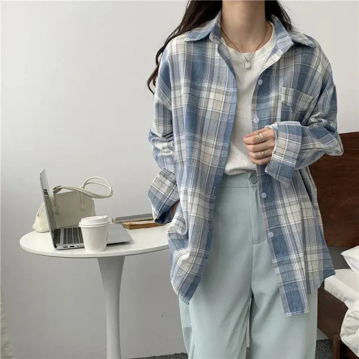 Plaid Long Sleeve Shirt for Women: light blue, blue-gray plaid button-up overshirt, casual style