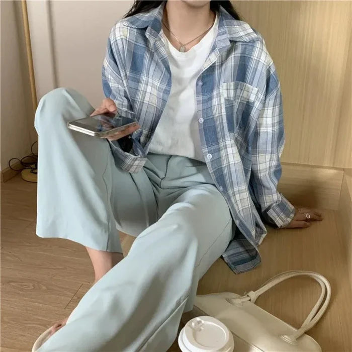 Plaid Long Sleeve Shirt for Women: light blue, blue-gray plaid button-up overshirt, casual style