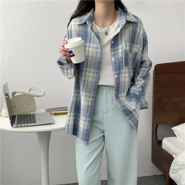 Plaid Long Sleeve Shirt for Women: light blue, blue-gray plaid button-up overshirt, casual style