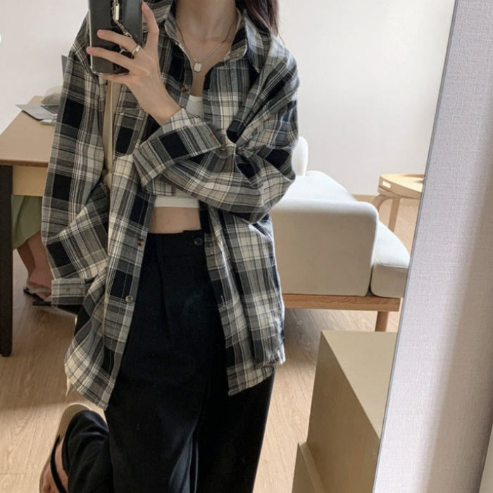 Plaid Long Sleeve Shirt for Women: light blue, blue-gray plaid button-up overshirt, casual style