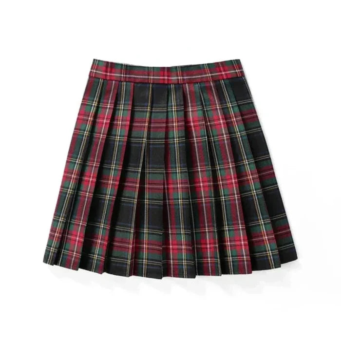 Plaid Mini Skirt with a Japanese Twist: dark green, red pleated skirt, classic school-uniform-inspired style