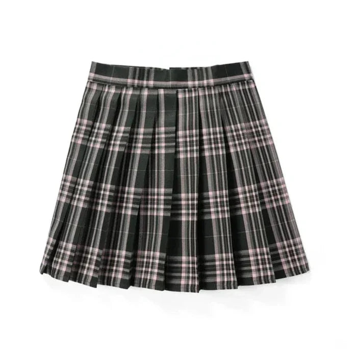 Plaid Mini Skirt with a Japanese Twist: dark green, red pleated skirt, classic school-uniform-inspired style