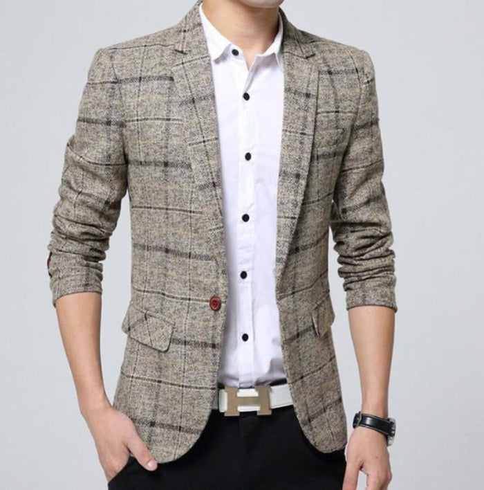 Plaid Mix Men's Jacket: gray, beige blazer jacket, tailored casual style