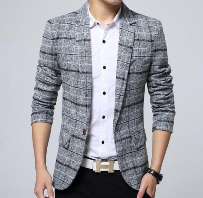 Plaid Mix Men's Jacket: gray, beige blazer jacket, tailored casual style