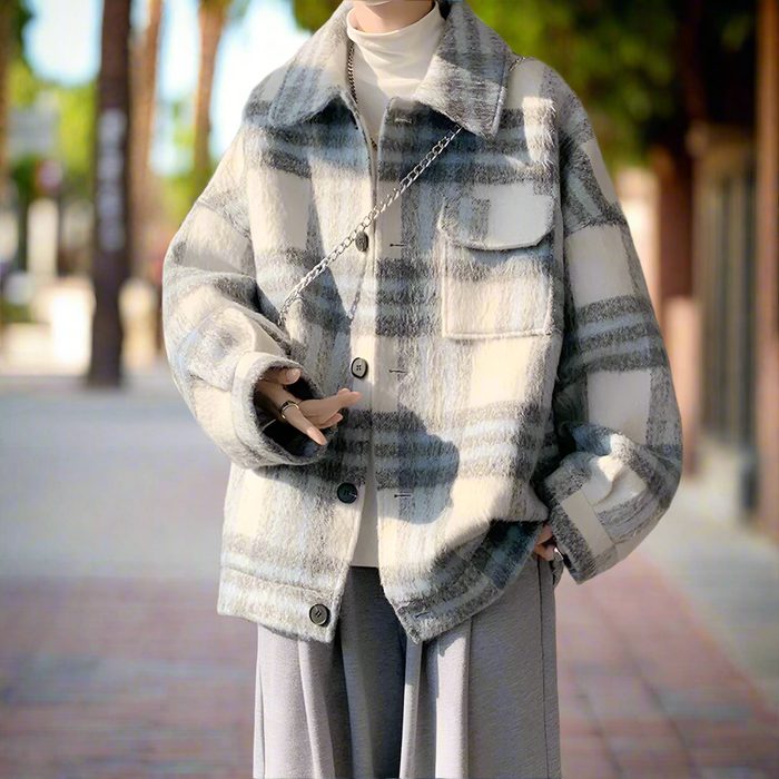 Plaid Shirt Jacket for Men: Enhancing Core Significance with a Fresh Twist: cream, light gray button-front jacket, casual min