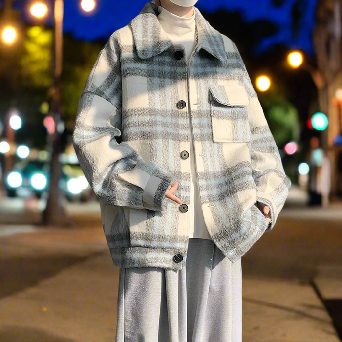 Plaid Shirt Jacket for Men: Enhancing Core Significance with a Fresh Twist: cream, light gray button-front jacket, casual min