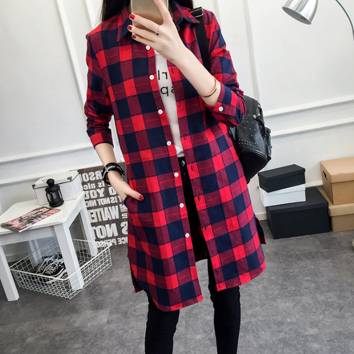 Plaid Shirt with Mid-Length and Convenient Pockets for Women: red, black long plaid button-up shirt, casual plaid style