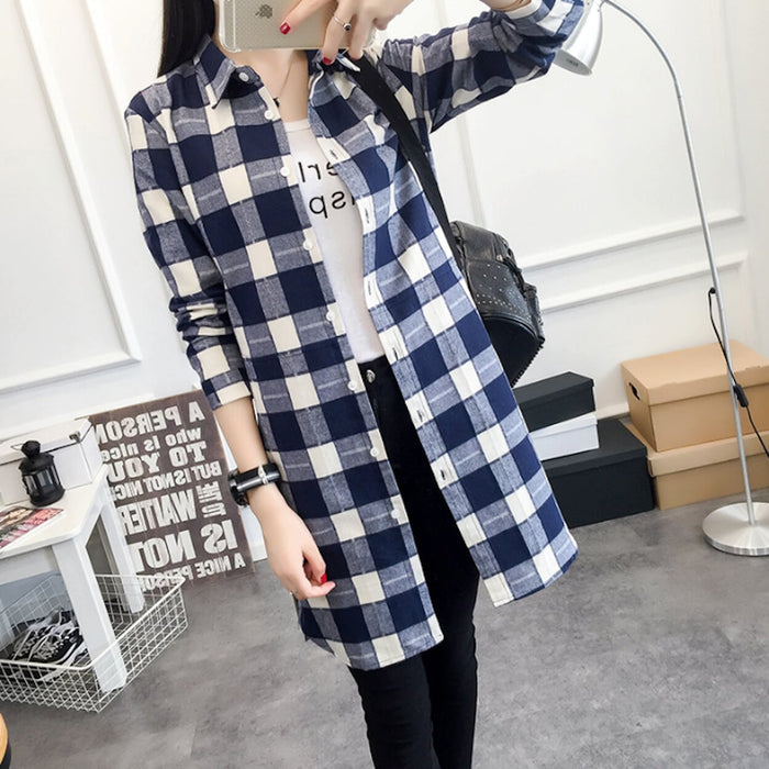 Plaid Shirt with Mid-Length and Convenient Pockets for Women: red, black long plaid button-up shirt, casual plaid style