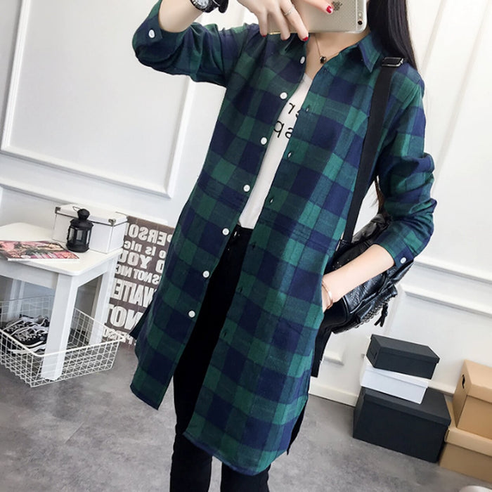 Plaid Shirt with Mid-Length and Convenient Pockets for Women: red, black long plaid button-up shirt, casual plaid style
